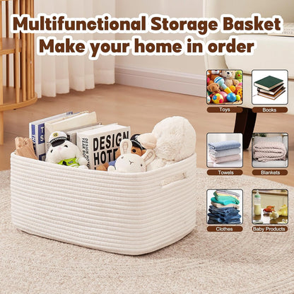OIAHOMY Storage Basket for Shelves, Closet Cube Storage Bins Baskets for Clothes Blanket Towels, Baby Nursery, Toy Baskets Box, Woven Rope Basket, 15.75*11.81*7.09 IN, 2 Packs White