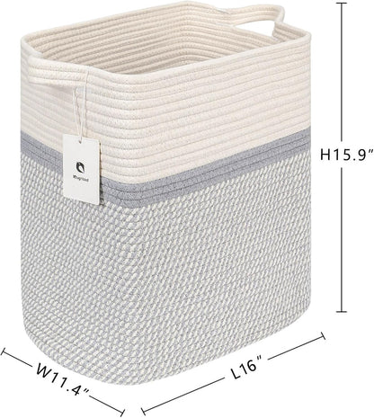 Storage Baskets for Clothes Fabric Cotton Rope Storage Basket with Handles, Decorative Woven Basket for Living Room,Closet Organizer Blankets, and 2bags (White/Gray, L16×W11.4×H15.9)