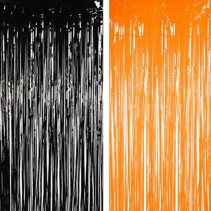 BRAVESHINE 1 Black 1 Orange Tinsel Photo Backdrop Curtains - 3.2x8.2ft Foil Fringe Streamer Curtain for Birthdays, Halloweens, Graduations, Pumpkin, Home, Indoor or Outdoor Party Supplies Decorations
