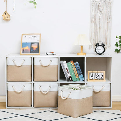11 x 11 Inch Storage Cubes, 6 Pack Large Collapsible Fabric Storage Bin with Ropes, Foldable Storage Cubes for Home, Office,Closet, Clothes, Toys Organizer (White&Beige)