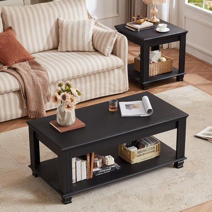 Farmhouse Coffee Tables for Living Room,Square Tea Table with Open Storage Shelf,Large Coffee Table,Rustic Wooden Center Table,Black