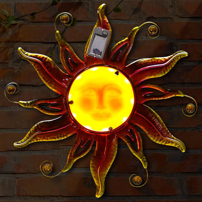 Goodeco Solar Sun Face Wall Art – Metal Outdoor Wall Decor with Solar LED Lights for Garden & Patio - Weather Resistant, Smiling Sun Face Design (18 inch, Gold