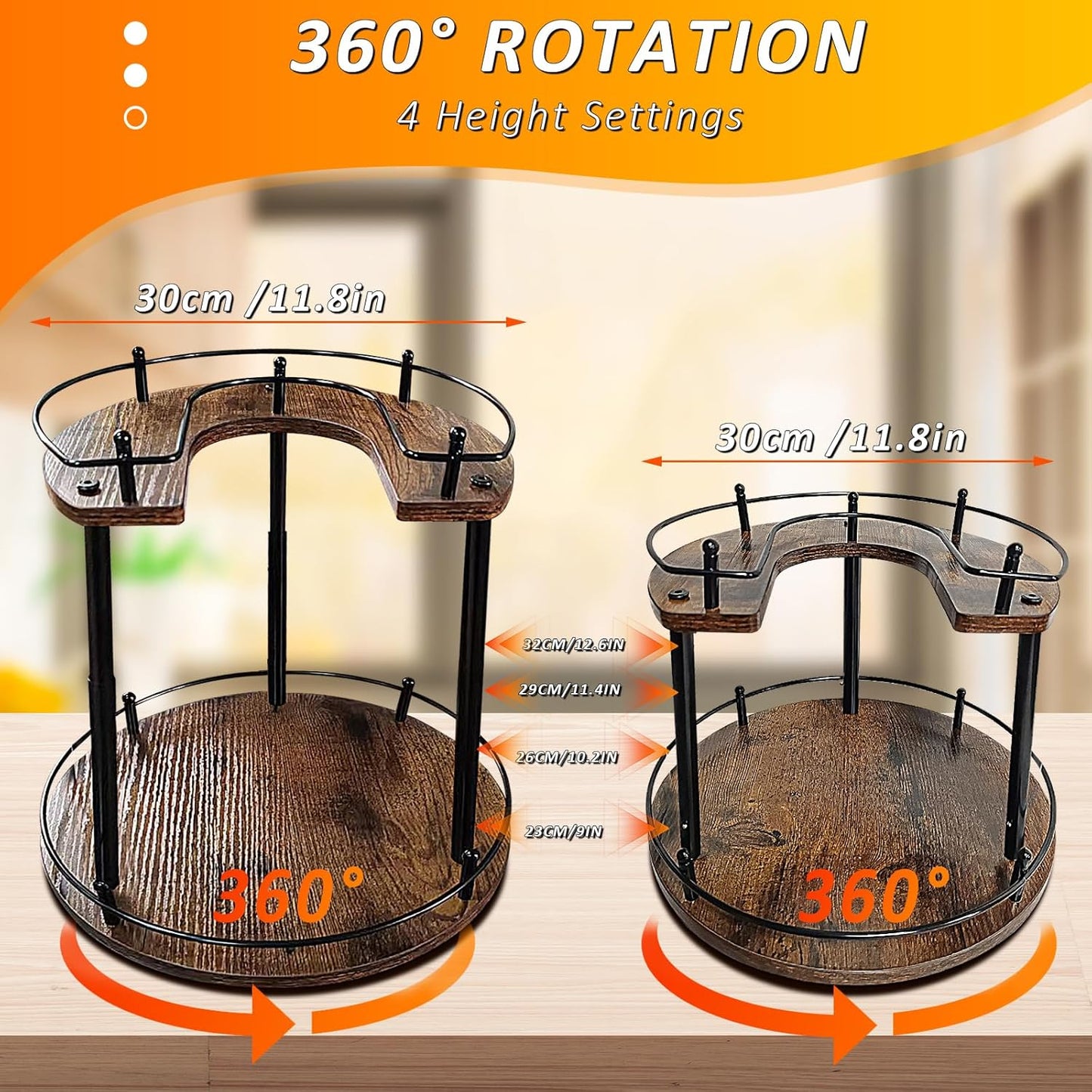 2-Tier Lazy Susan Organizer, Rotating Spice Rack with Stable Carousel Base & 4 Height Settings, Spice Rack Organizer for Cupboard Kitchen Countertop Dining Table