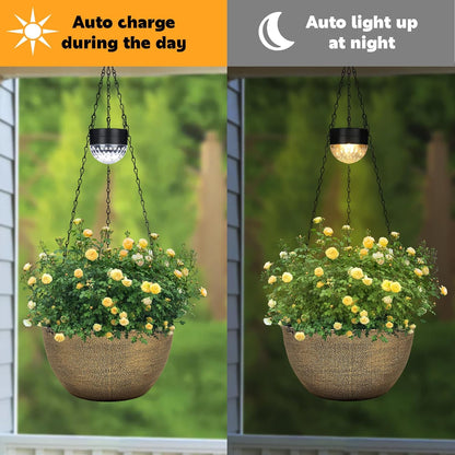 2 Packs Hanging Planters Basket for Outdoor Plants, Solar Powered Self Watering Copper Round Plastic Flower Pots with Drainer for Balcony Patio Garden Outdoor Decoration