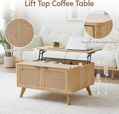 AVZEAR Wood Lift Top Coffee Table with Storage, Boho Modern Coffee Table with Nature Linen Doors & Large Hidden Storage, Rounded Corners Center Table Farmhouse Coffee Tables for Living Room, Natural