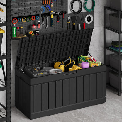 Devoko 80 Gallon Deck Box, Waterproof Resin Outdoor Storage Box for Outside and Patio, Outdoor Storage Bench Lockable for Patio Furniture, Garden Tools and Pool Supplies (Black, 80 Gallon)