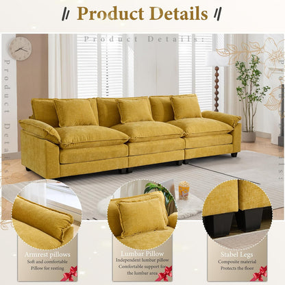 URRED Modular Sectional Sofa Comfy Cloud Couch, Modern Chenille Sofa Sleeper Deep Seat Couches with Ottoman/Pillows for Living Room (Yellow, 117'')