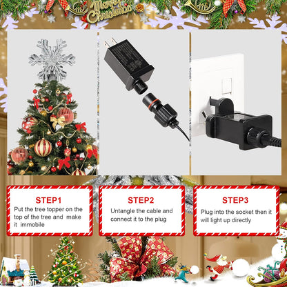 Christmas Tree Topper Lighted with Snowflake Projector, LED Rotating 3D Glitter Tree Topper for Christmas Tree, Christmas Decorations Lights (Silver)