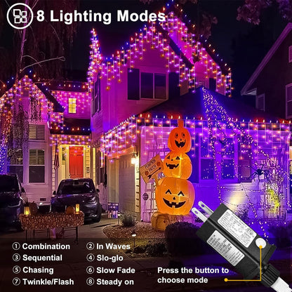 66ft Halloween Lights Outdoor, 640 LED Icicle Lights for Outside, Orange and Purple Twinkle Lights with Connectable Clear Wire 8 Modes Timer Waterproof for House Party Tree Holiday Yard Decorations