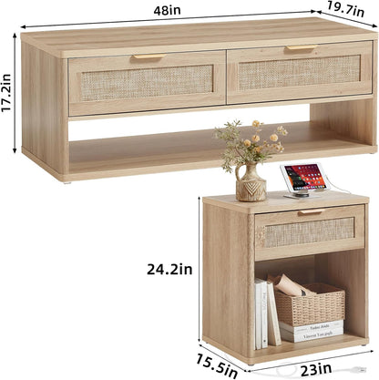 LEYAOYAO Boho Rattan Coffee Table Sets 3 Pieces, Nightstand with Charging Station and Coffee Table with Hidden Storage Compartment, Natural Living Room Table Set, Wood Furniture Sets for Home Office