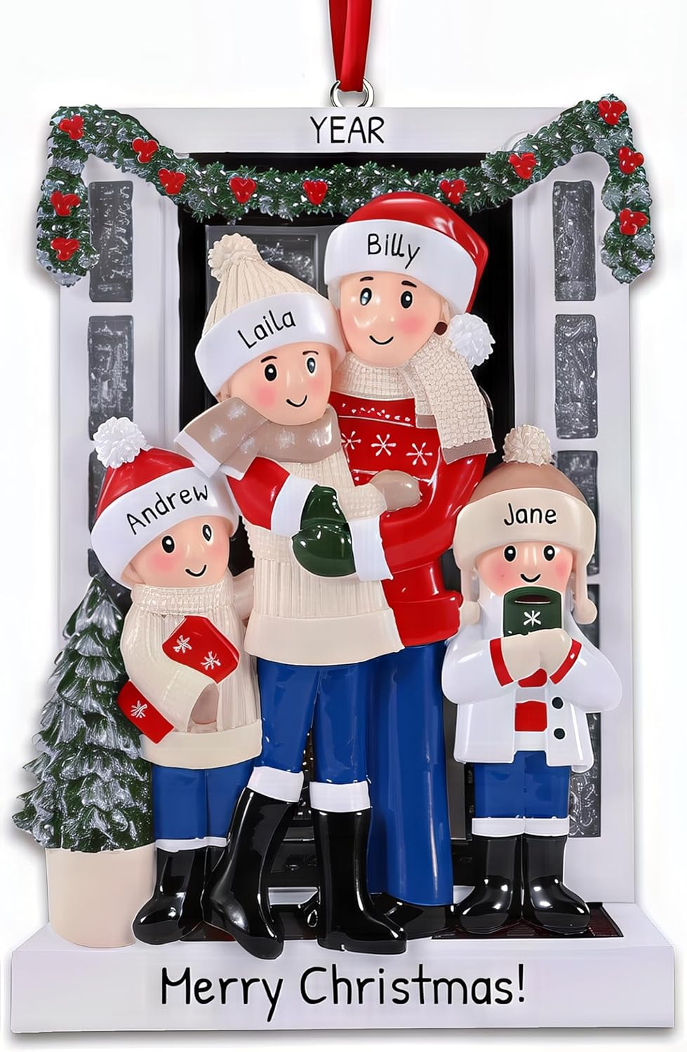 Personalized Family Christmas Ornaments 2025 | Custom Name & Year | 4 Person Cozy Winter Scene with Mom, Dad, 2 Kids by Tree | Customized Unique Ornament Keepsake Gifts to Personalize Xmas Decoration