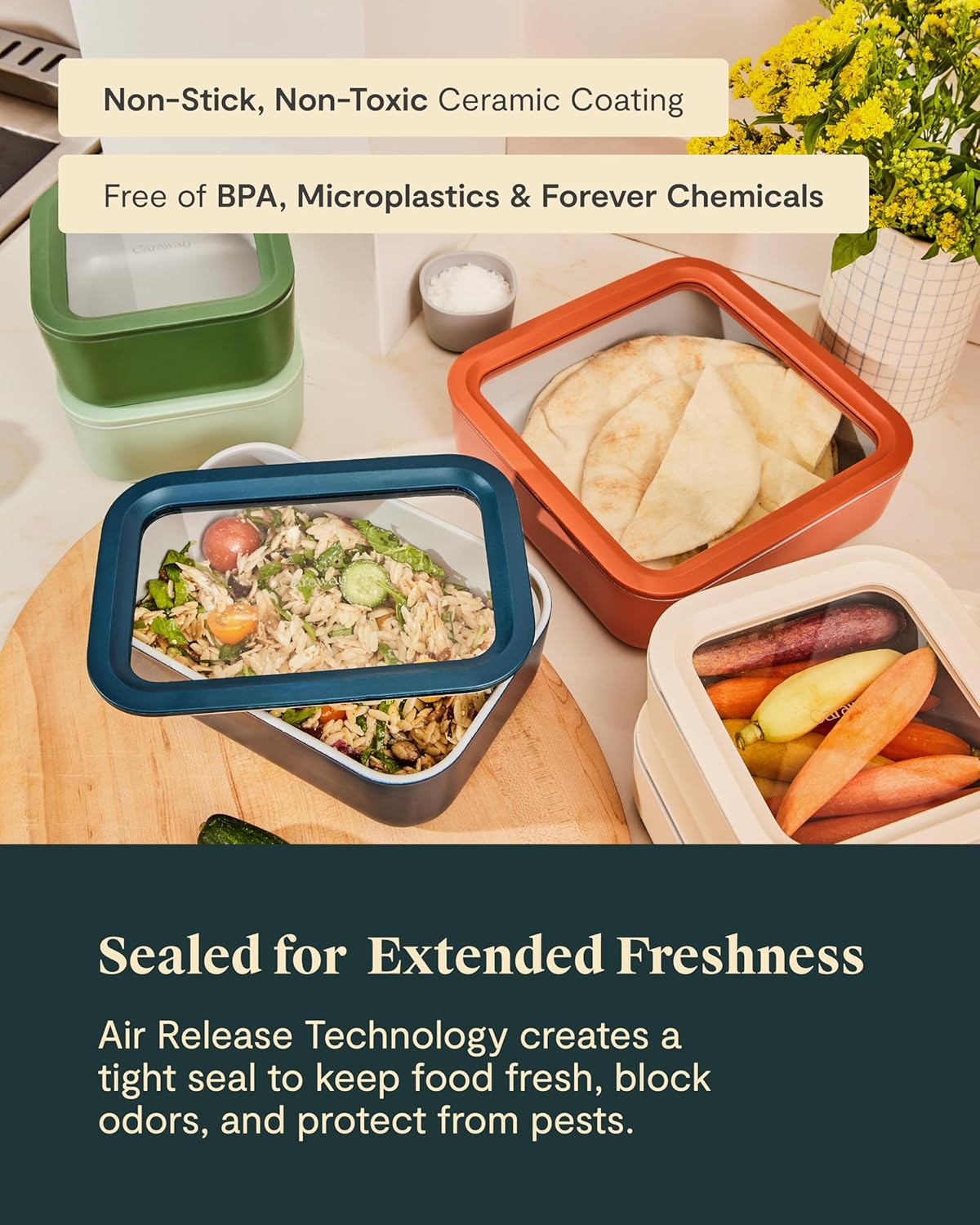 Caraway 25pc Glass Food Storage Set - Non-Toxic Ceramic-Coated Glass - Air Release Technology - Compact & Stackable Design - Mist