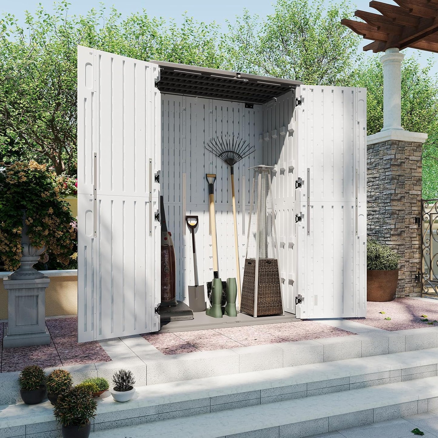 Aoxun 64 Cu.Ft Outdoor Storage Shed with Floor, Waterproof Horizontal Resin Cabinet for Garage Storage, Pool Storage, Bike Shed, Garden Shed