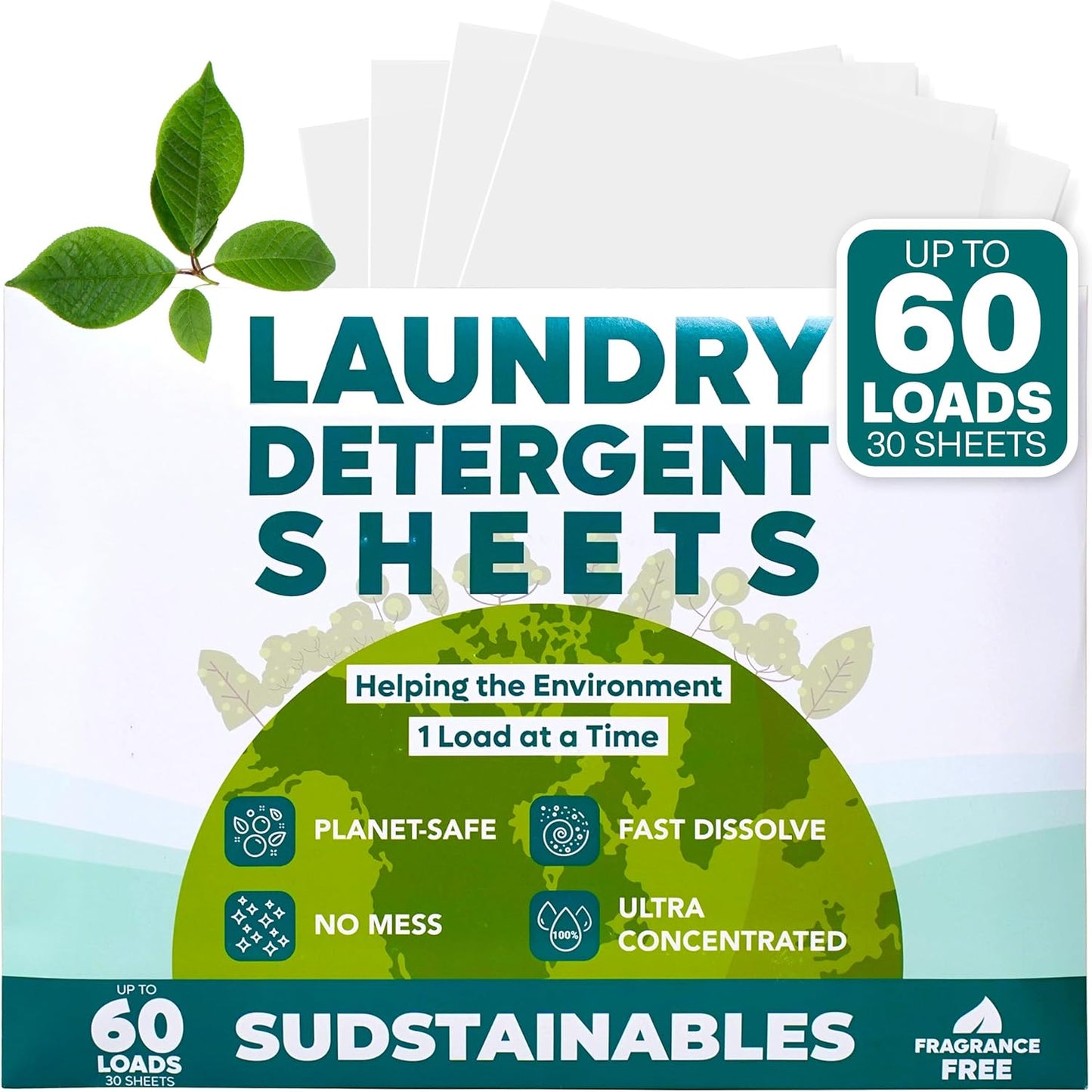 Sudstainables Laundry Detergent Sheets (60 Loads) – Eco-Friendly, Zero Waste, Plastic-Free Laundry Washing Machines Soap Sheets; Dissolvable, Space-Saving Strips for Travel (Unscented)