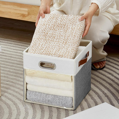Fabric Storage Cubes with Clear Windows and Lids, 11'' Foldable Storage Bins with 3 Handles, Decorative Storage Boxes for Home, Bedroom, Closet, Office (Gray & White)