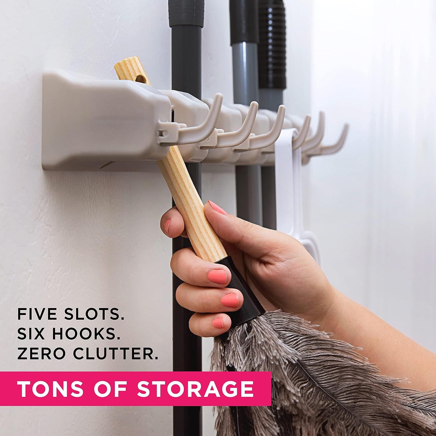 Berry Ave Broom Holder & Wall Mount Garden Tool Organizer- Kitchen, Closet, Garage & Laundry Room Storage With 5 Slots And 6 Hooks- Wall Holder For Broom, Rake & Mop Handles Up To 1.25” [Beige 2-Pack]