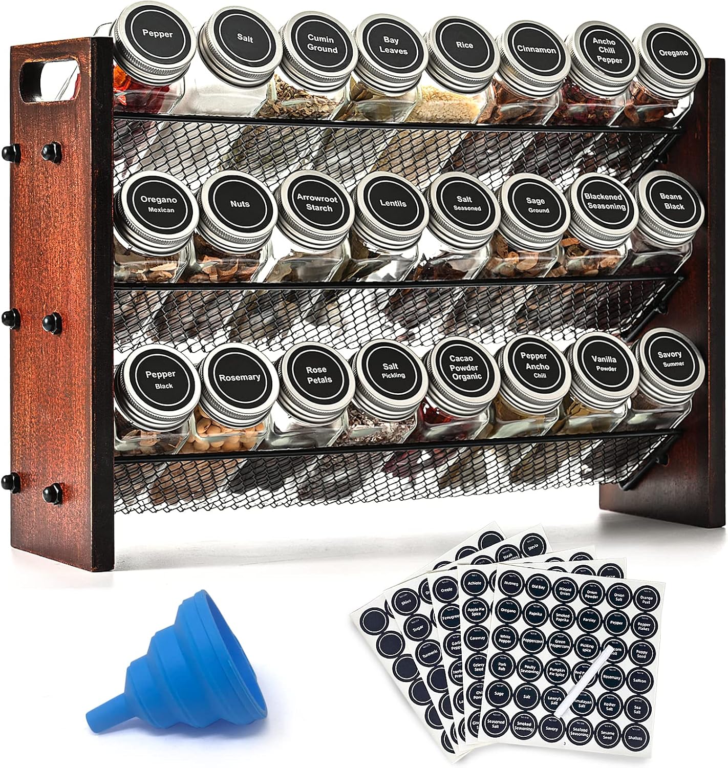 Spice Rack Organizer for Cabinet, Spice Organizer with 24 Empty Spice Jars, 180 Spice Labels, Wooden Spice Jar Organizer, Seasoning Organizer for Cabinet Kitchen, Pantry, Countertop or Wall Mount