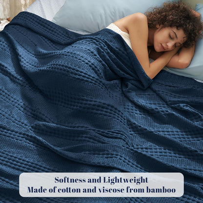 PHF Cooling Waffle Blanket Twin Size, Lightweight 60% Rayon Derived from Bamboo & 40% Cotton Breathable Blanket for Hot Sleepers, Soft and Luxury for Bed Couch and Sofa, 66"x90", Navy Blue