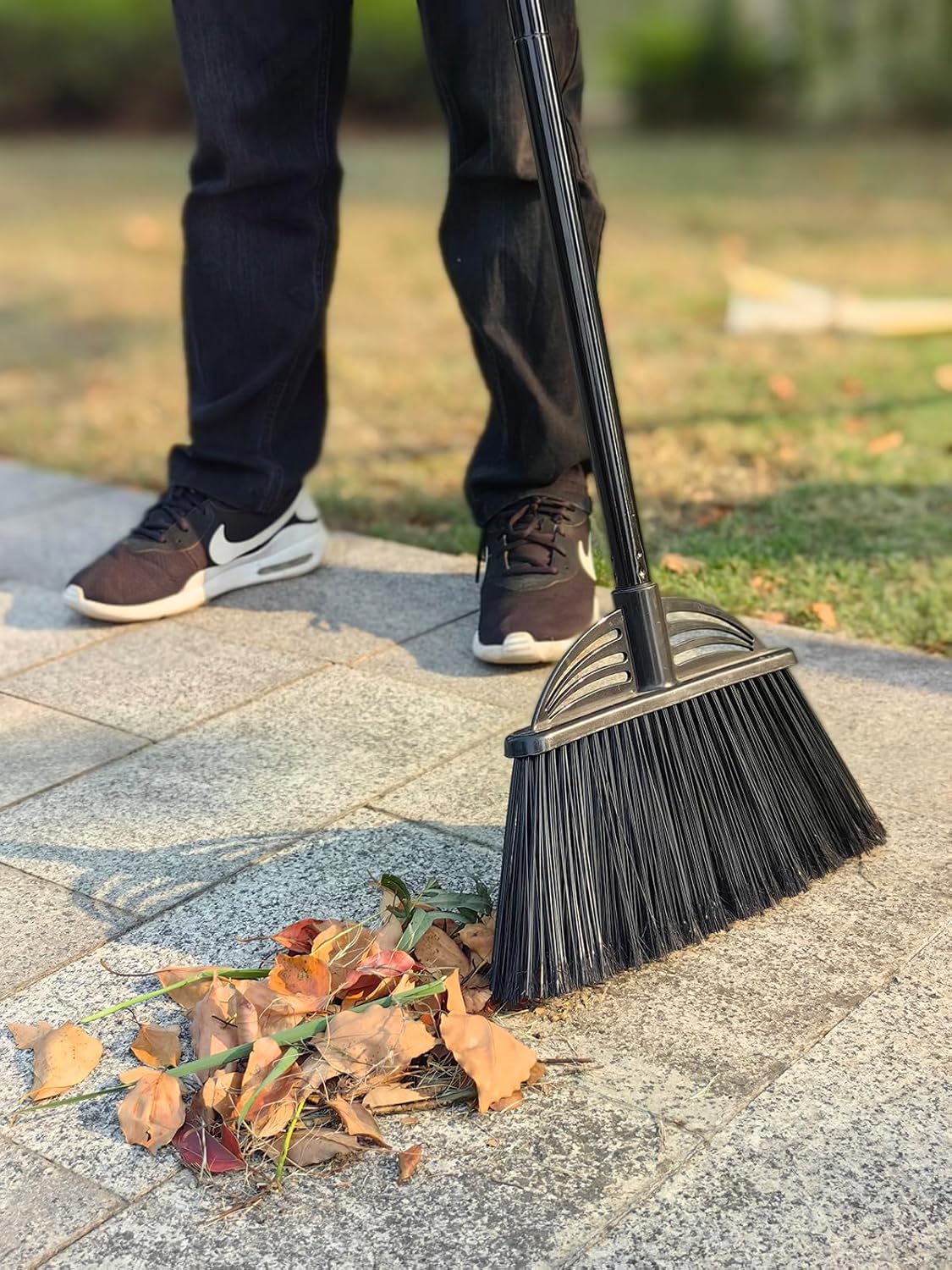 Four-Section Rod Long-Handled Broom,Heavy-Duty Broom, Angle Broom for Outdoor/Indoor（Black+Blue）