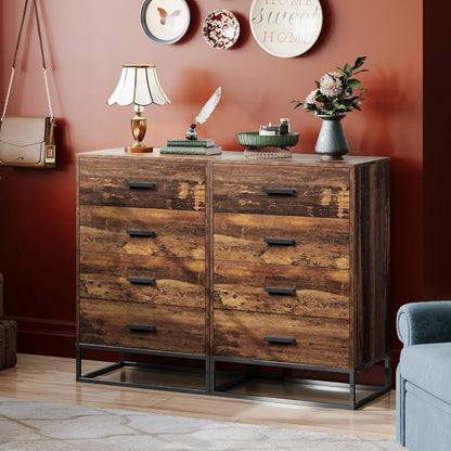 WLIVE Wood Dresser for Bedroom with 4 Drawers, Tall Dresser with Sturdy Metal Frame, Wooden Chest of Drawers for Hallway, Living Room, Closet, Brown Oak