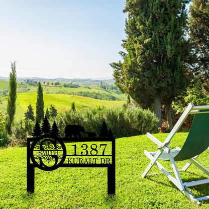 Personalized Custom Bear Wildlife Decor with Metal Stake - Address House Number Name Sign for Farmhouse, Yard, Camping