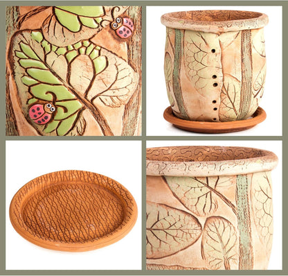 Ceramic Pot with Drainage Hole and Saucer, Plant Pots, Modern Decorative Planters for House Plants Indoor Flowers Plants, Cute Flower Pot - Gifts (Ladybugs (3 L))