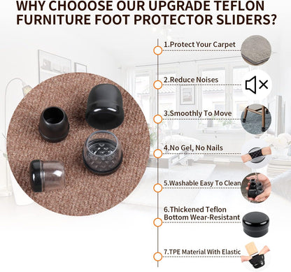 Ezprotekt 24 Pcs Black Chair Leg Sliders for Carpet, Round Teflon Furniture Glides for Rug, Carpet Sliders Protectors Caps for Couch, Dining Chair, Table Legs, Bar Stool Legs (M Fit: 7/8" to 1")