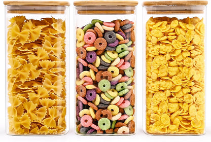 Glass Food Storage Jars Square 51oz, 3 Pack Glass Jars With Bamboo Lids, Kitchen Storage Containers For Spice, Candy, Cookie, Storage For Pantry Organizers