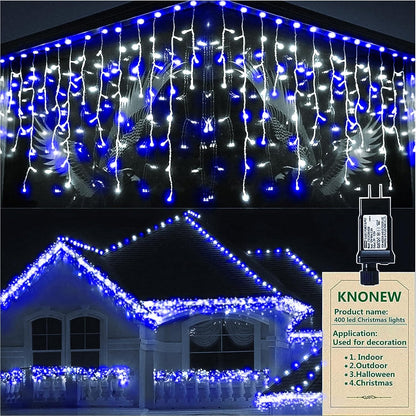 KNONEW Christmas Lights Outdoor Decorations 400 LED 33ft Curtain Fairy String Light with 75 Drops(Blue and White)