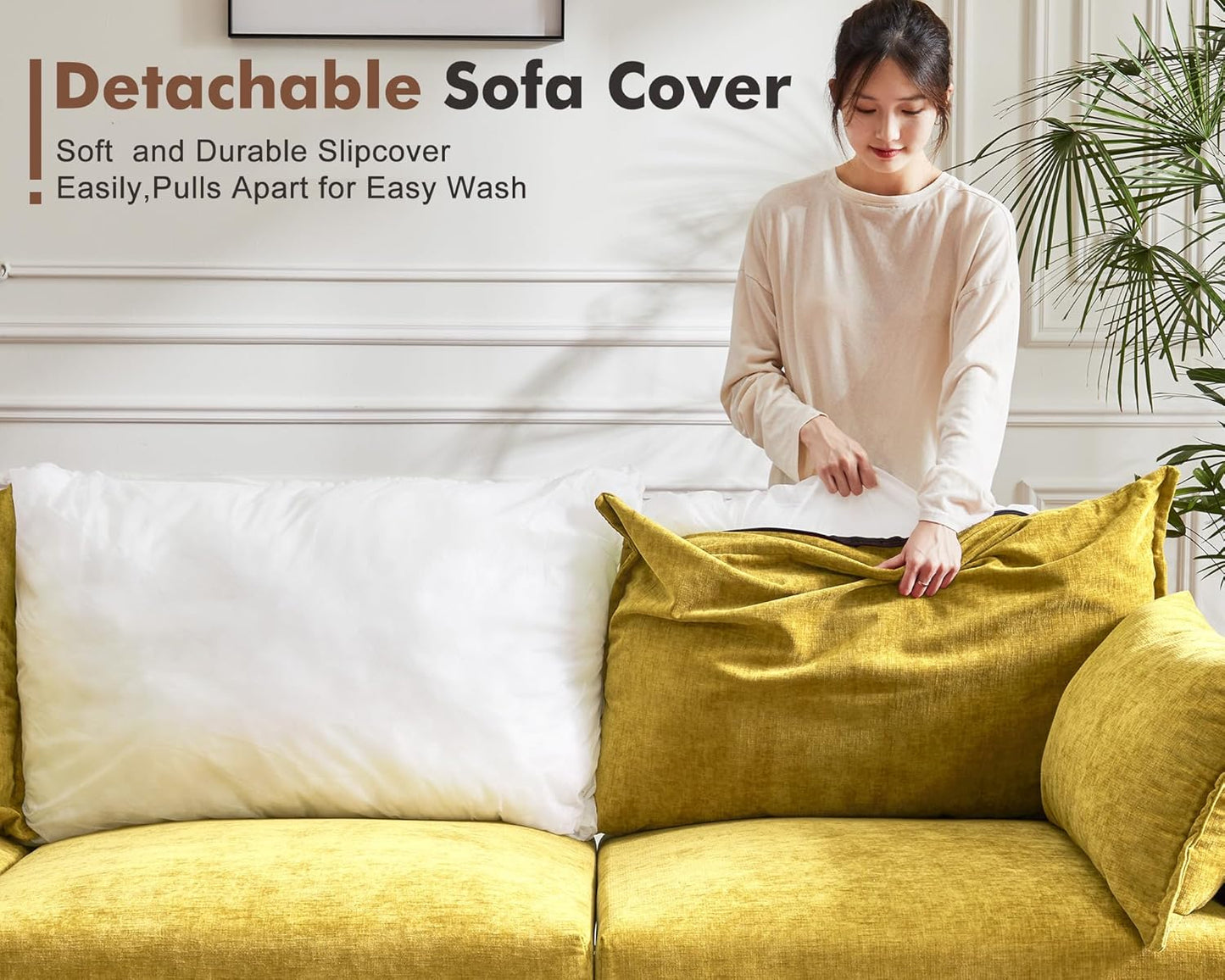 Oversized Accent Chair, 24.5" Deep Seat Large Reading Armchair with Removable Backrest & Detachable Cover,Chenille Yellow for Living Room/Bedroom/Office