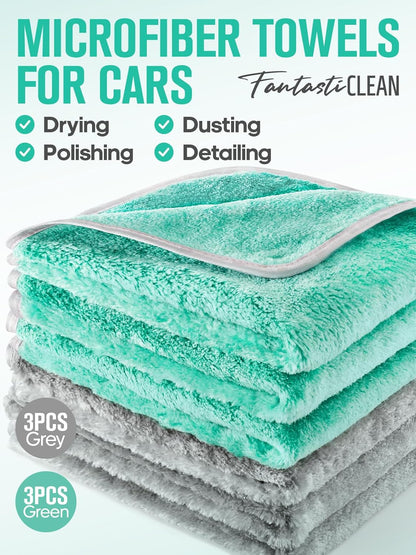 Fantasticlean Microfiber Car Detailing Towels, Car Drying Towel with Edge, Plush, Coral Fleece, 700GSM, 16" x 16", 6 Pack, Scratch-Free, Ultra Absorbent, Car RV Boat Home Cleaning (Grey and Green)