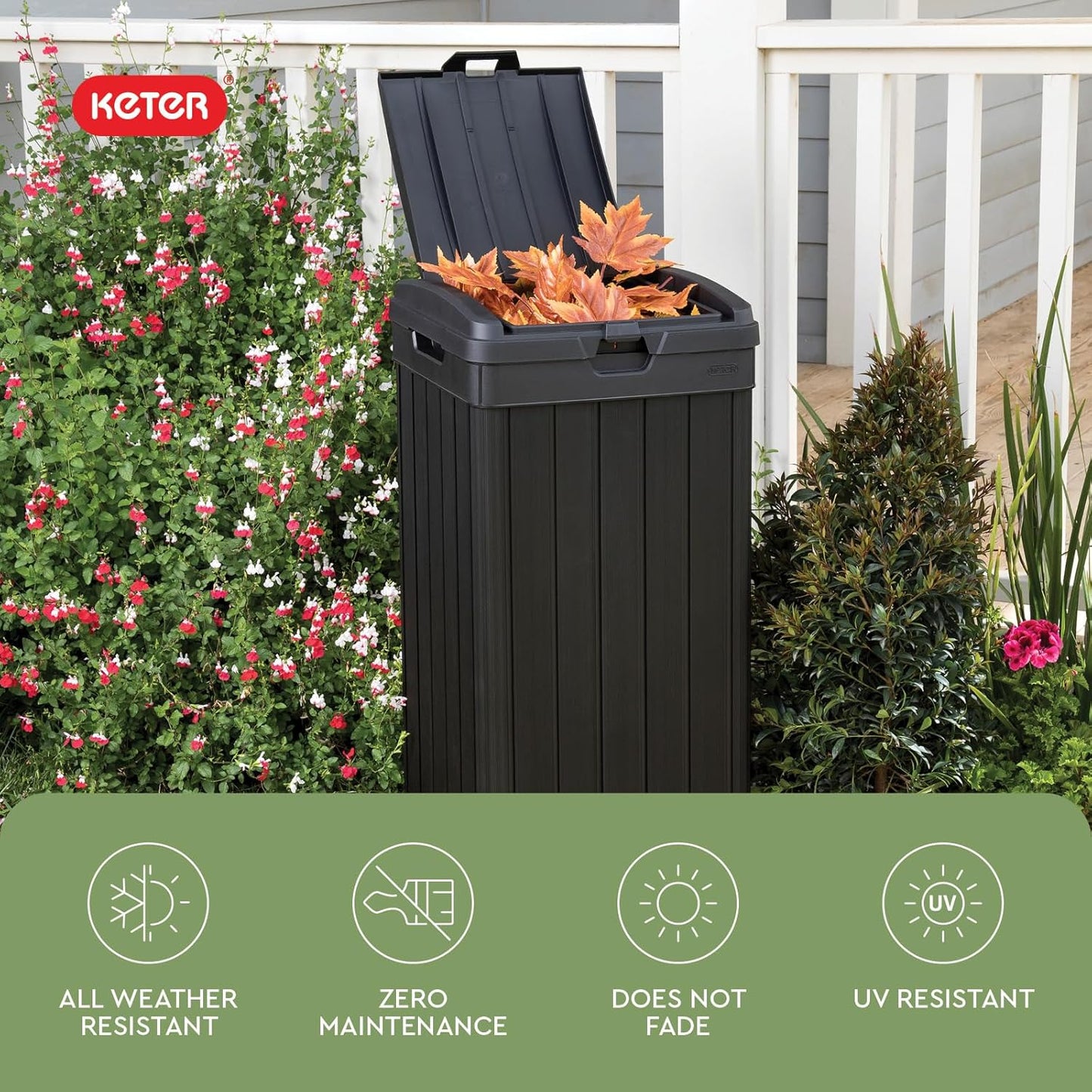 Keter Baltimore Resin 38 Gallon Outdoor Kitchen Trash Can with Lid and Drip Tray for Easy Cleaning-Perfect for Patio Dining, Black