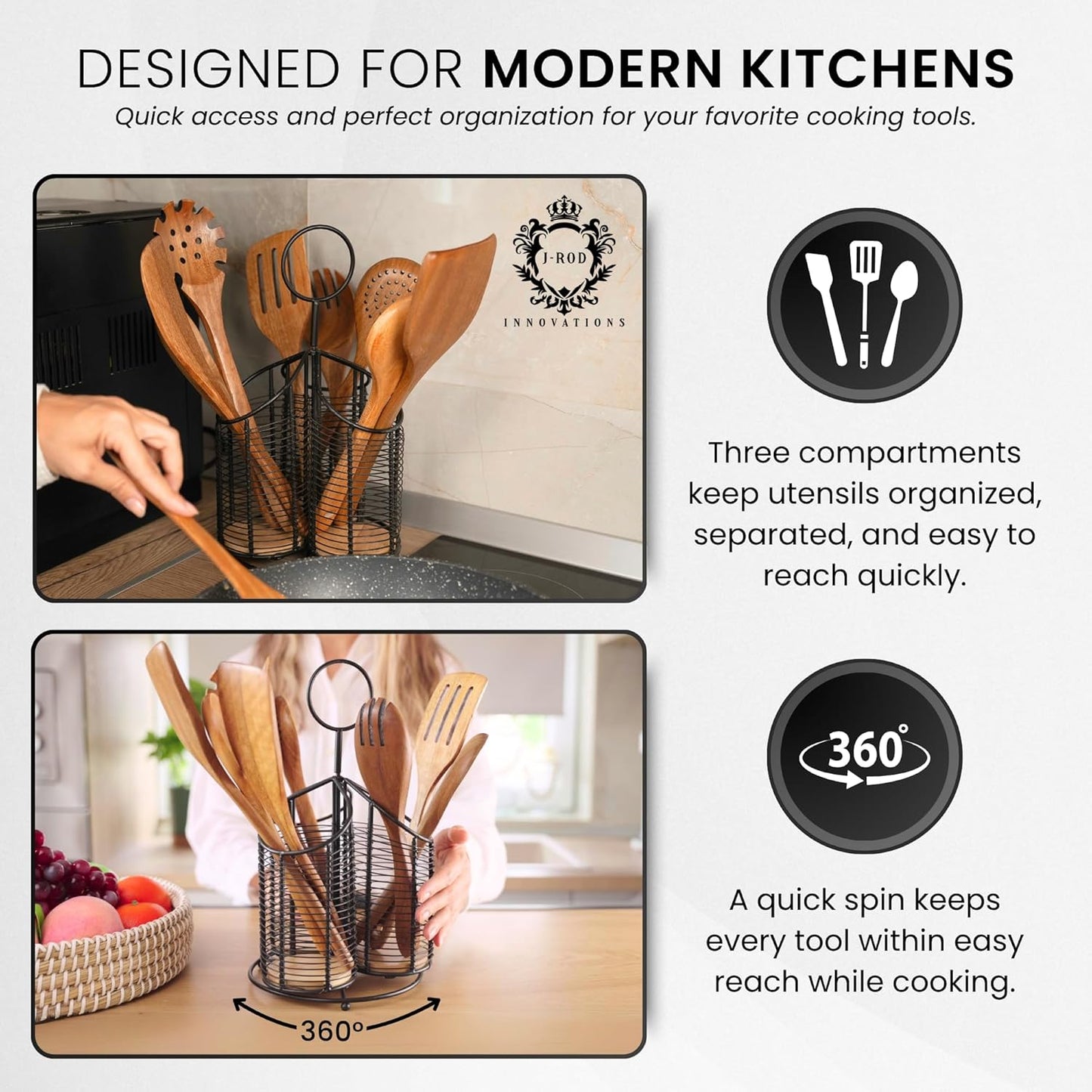 360° Rotating Kitchen Utensil Holder- 3 Compartment Organizer with Cork Bottoms | Includes Premium 9-Piece Acacia Wood Utensil Set | Professional & Home Luxury Design | Metal Utensil Crock (Black)