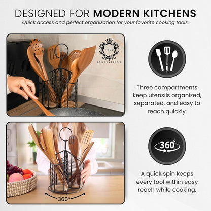 360° Rotating Kitchen Utensil Holder- 3 Compartment Organizer with Cork Bottoms | Includes Premium 9-Piece Acacia Wood Utensil Set | Professional & Home Luxury Design | Metal Utensil Crock (Black)