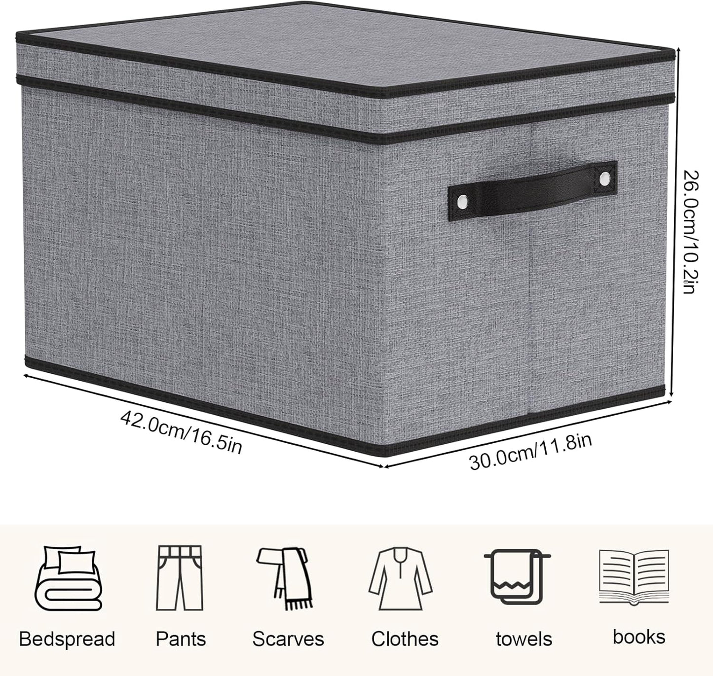 Clothing Storage Bins, Blanket Baskets for Shelves, Fabric Cubes with Handles and Lids, Decorative Linen Closet Organizers Boxes, Gray, 1 Pack, 16.5 x 11.8 x 10.2 Inch