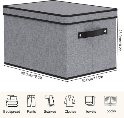 Clothing Storage Bins, Blanket Baskets for Shelves, Fabric Cubes with Handles and Lids, Decorative Linen Closet Organizers Boxes, Gray, 3 Pack, 16.5 x 11.8 x 10.2 Inch