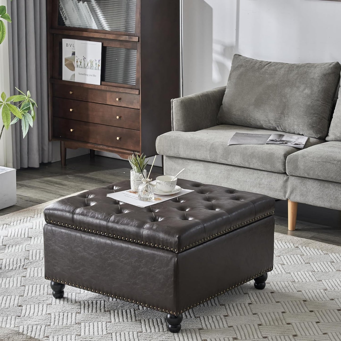 Square Storage Ottoman Bench Ottoman Coffee Table Bench Oversized Coffee Table Ottoman Bench with Storage for Living Room, Brown