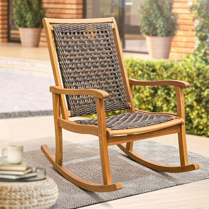 IDZO Wood Wicker Rocking Chair, 400 lbs Capacity, Durable Eucalyptus Wood, Natural Finish, Comfortable Curvy Design, Ideal for Deck, Patio Furniture, and Outdoor Furniture Accent Chair