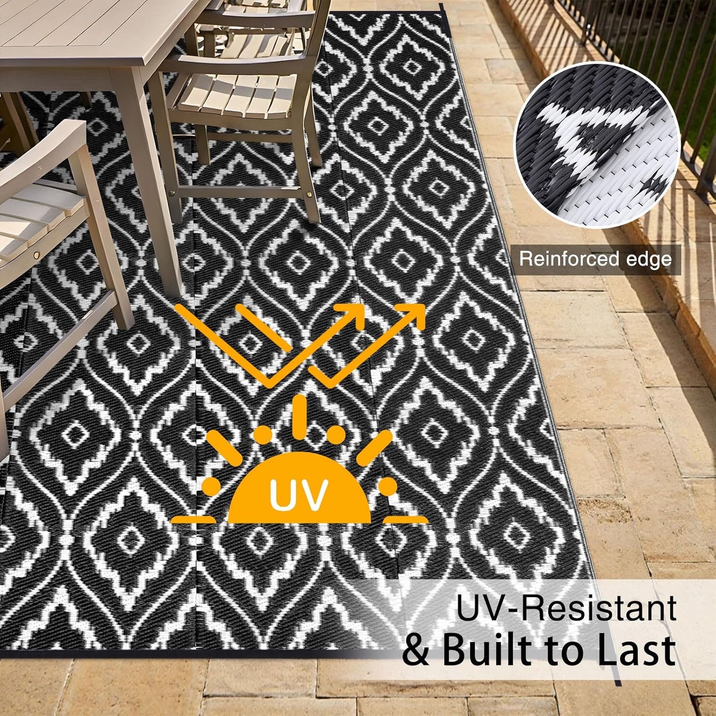 OLANLY Outdoor Rug 9x12 ft Waterproof, Outdoor Plastic Straw Rug with Geometric Pattern Clearance, Reversible RV Mat for Patio, Camping, Balcony, Deck, Backyard, Black & White