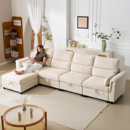 132'' Oversized Modular Sectional Sofa, L Shaped Comfy Cloud Sectional Couch with Storage, 5 Seat Extra Deep Seat Modular Sofas with Throw Pillows for Living Room, Beige