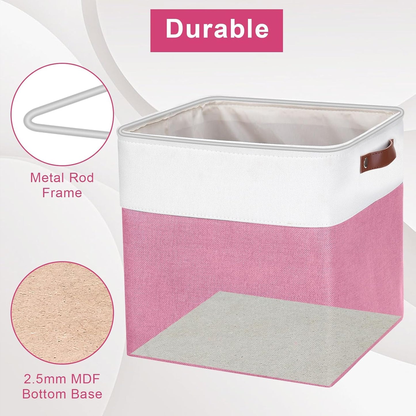 13x13 Cube Storage Bins, Collapsible Fabric Storage Box, 4 Pack Closet Baskets with Handles for Organizing, Shelf, Toys, Clothes, Home, Office, Nursery (Pink&White)