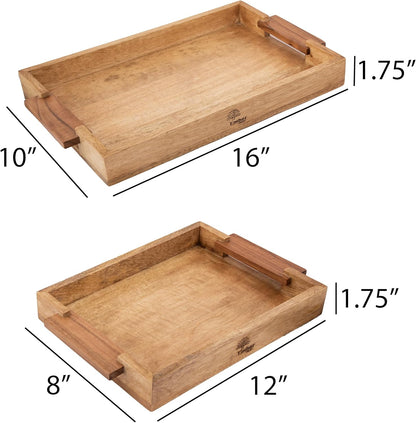 Mango Acacia Wood Serving Trays with Handles – Set of 2 Large Decorative Wooden Trays for Breakfast in Bed, Dinner, Snacks, Coffee Table, Ottoman, Couch & Patio Party – (16x10x1.75 & 8x12x1.75) Inches