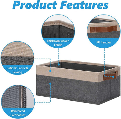 GhvyenntteS Small Fabric Storage Bins 6 Pack, 11.8" x 7.87" x 5.11" Storage Basket with Leather Handles, Closet Storage Bins for Shelves, Storage Baskets for Shelves, DVD Storage (Grey/Beige Yellow)