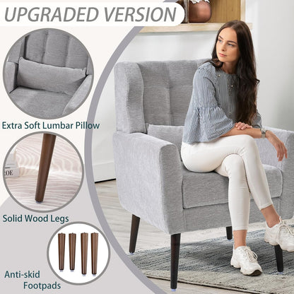 Accent Chair Set of 2, Upholstered Armchair with Pillow, Fabric Single Sofa Chair with Lounge Seat and Wood Legs Accent Chair for Living Room Small Spaces (Grey, Set of 2)