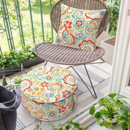 Inflatable Ottoman Stool D21 xH9 for Outdoor/Indoor Use, Water Repellent Patio Foot Rest Stool with Portable Handle,Round Pouf Ottoman Suitable for Garden,Deck and Camping - Flower Red