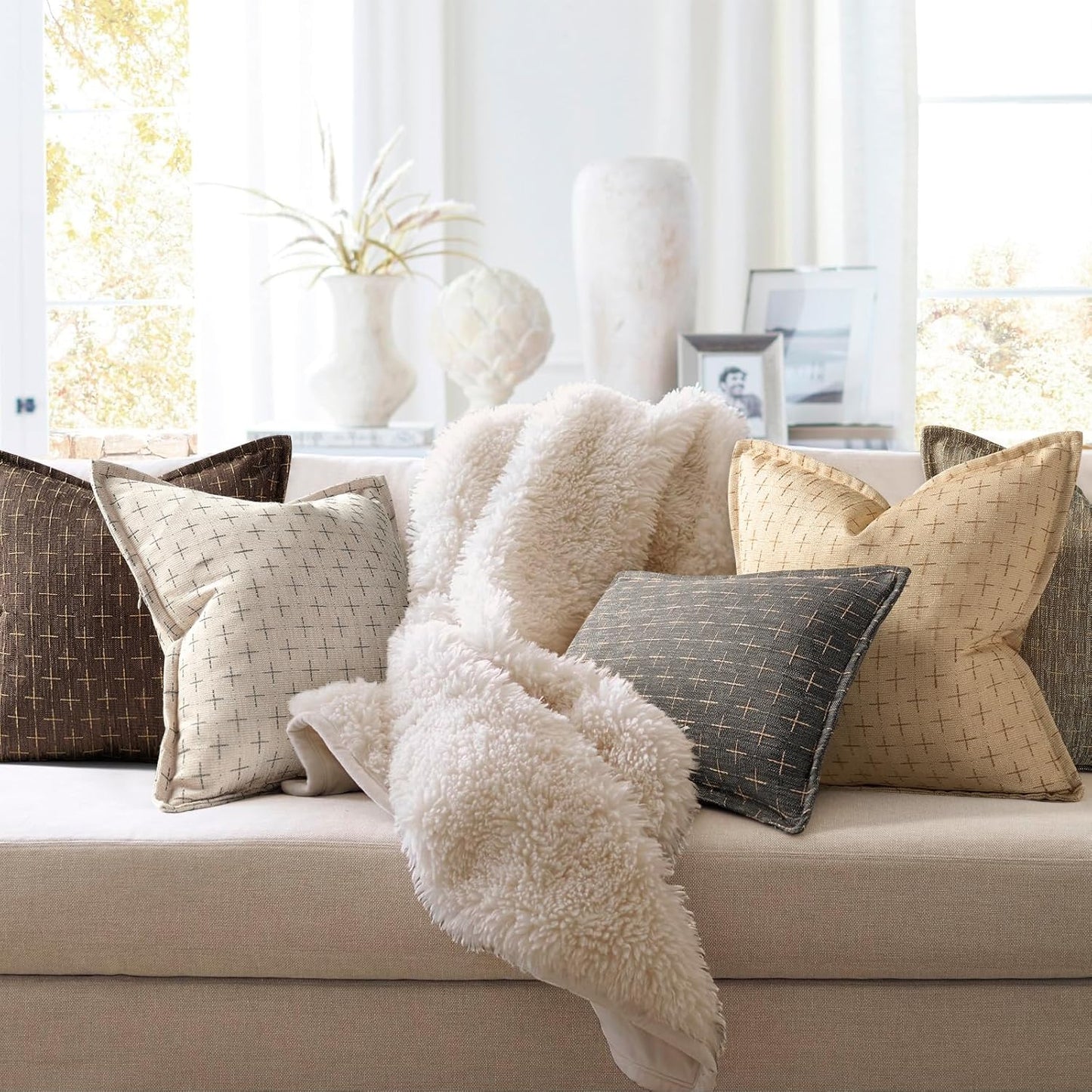 ZWJD Pillow Covers 22x22 Set of 2 Soft Polyester Textured Pillow Covers with Stylish Flange Edge Cozy Farmhouse Throw Pillows for Couch Bed Sofa Living Room