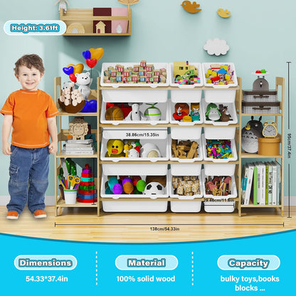 Toy Storage Organizer, with 4-Tier Toy Shelf and 12 Bins, Kids Bookshelf and Toy Storage with 6 Shelves for Kids Room Bedroom Playroom Nursery Room