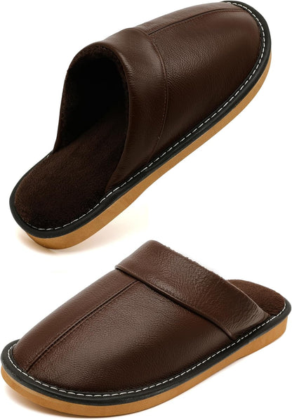 Slippers for Women Men, Genuine Leather Slippers Indoor Outdoor, Fuzzy Bedroom House Shoes for Women Men, Plush Lining Womens Sandals Slip-on