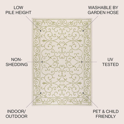 JONATHAN Y Vintage Filigree Indoor Outdoor Area Rug 4X6 Cream/Green, Charleston Textured Weave for Backyard, Patio, Porch, Easy-Cleaning, High Traffic, Pet-Friendly, Non-Shedding (SMB106I-4)