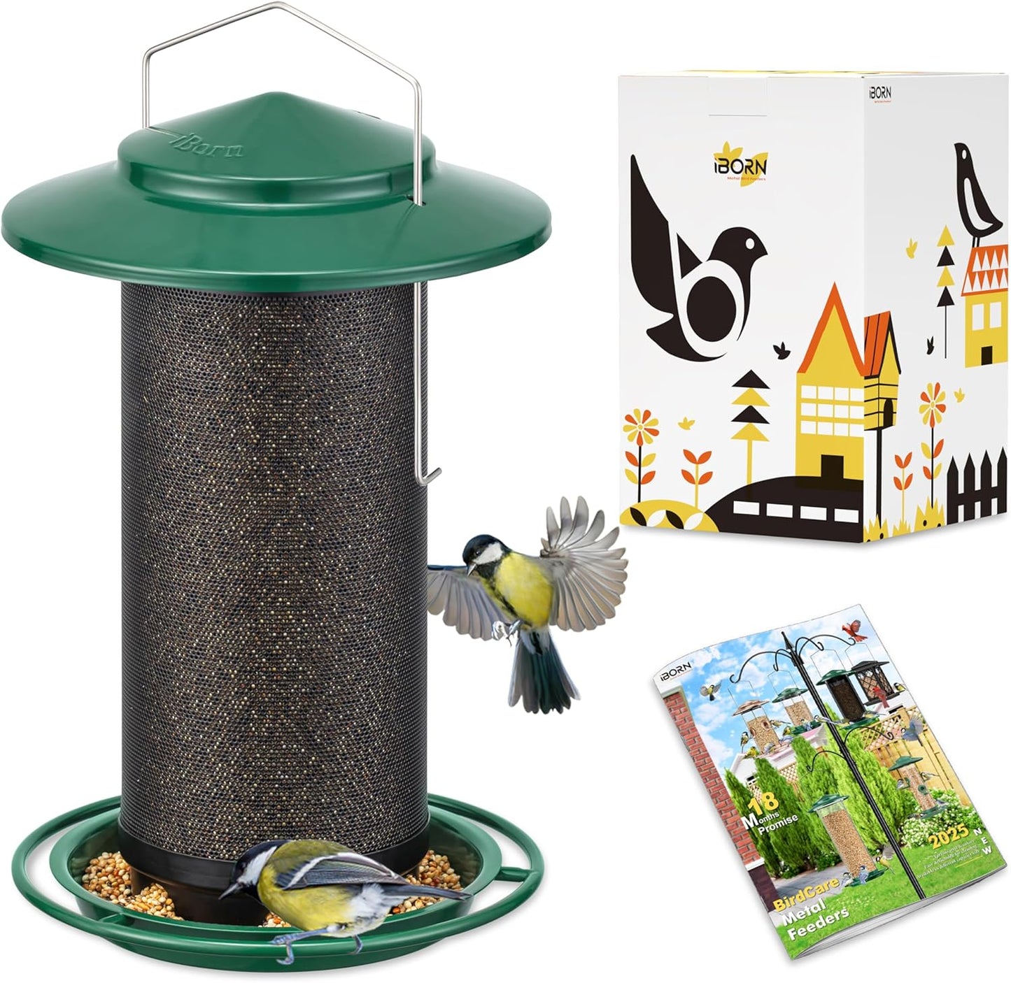 iBorn Bird Feeders for Outdoors, All Metal Mesh Tube, Holding Bird Seed for Outside Feeders,18cm Large Roof, Green, 2.8lb(Seed is not Included)